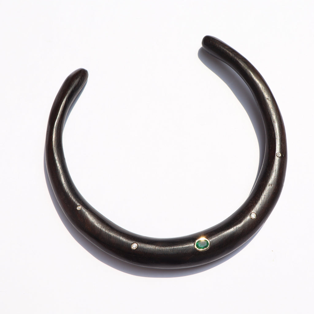 Wooden Neckalce with Emerald & Diamonds (Pre-Order)